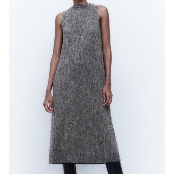 Zara Sweater Dress Womens Small Gray Ribbed Mockneck Sleeveless Maxi Soft - Picture 10 of 10